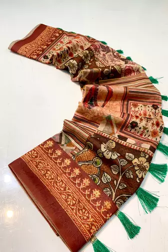 maroon color kashmiri digital print with contrast kashmiri and floral conceptual printed border cotton blend sarees