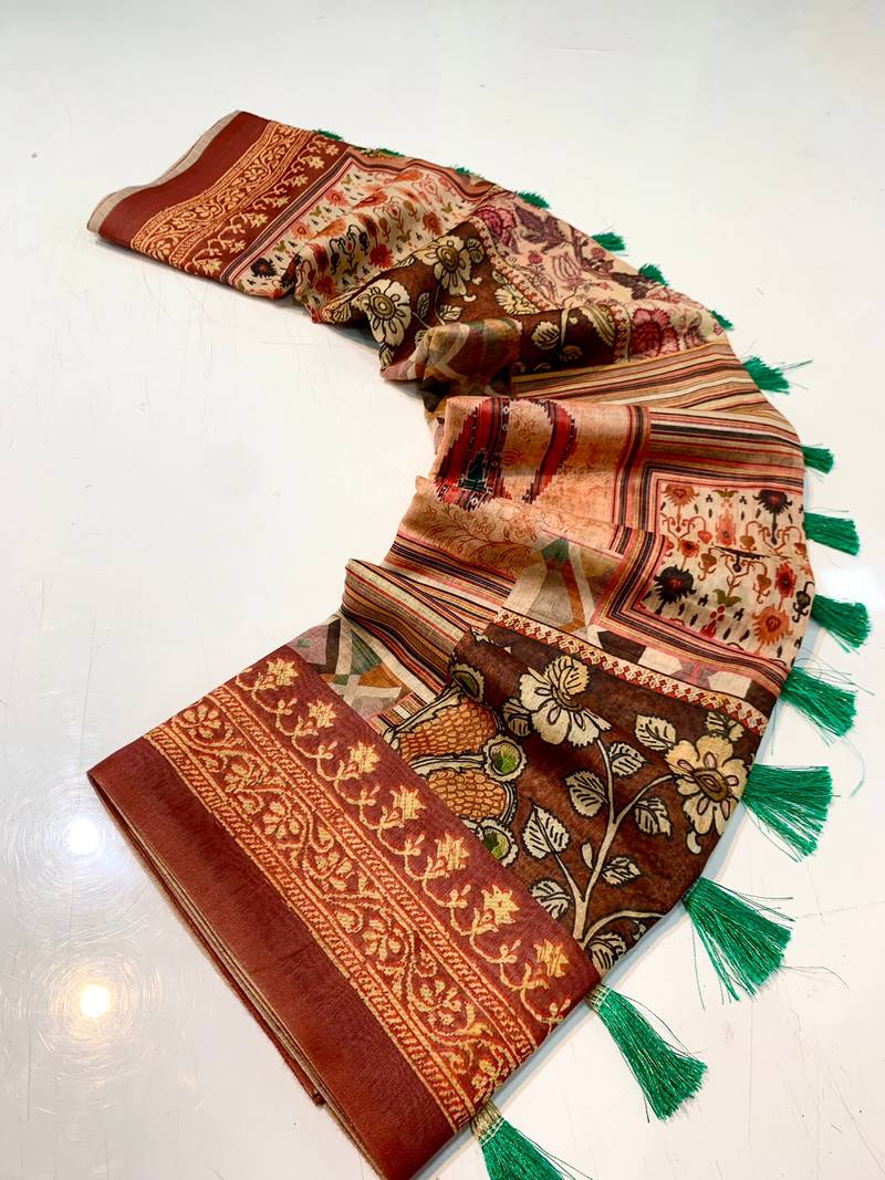 maroon color kashmiri digital print with contrast kashmiri and floral conceptual printed border cotton blend sarees