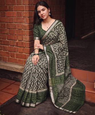 Women polyester viscose chanderi ikkat printed saree with zari border 4