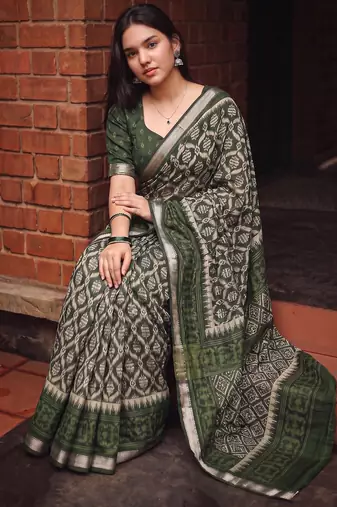 Women polyester viscose chanderi ikkat printed saree with zari border