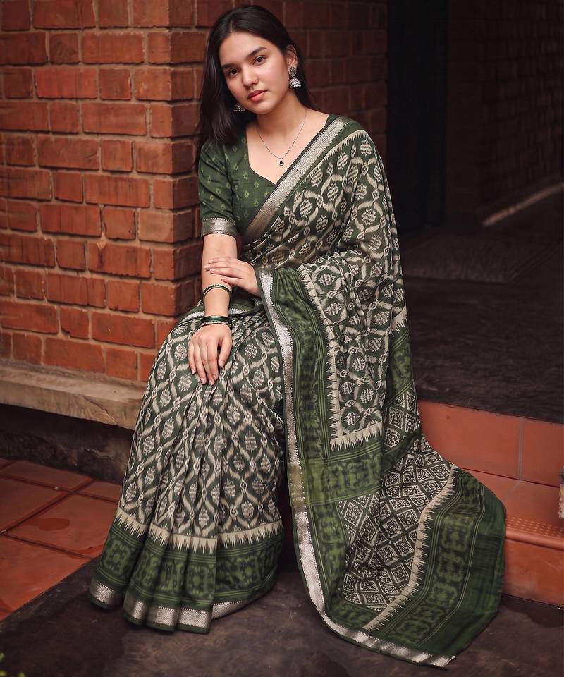 Women polyester viscose chanderi ikkat printed saree with zari border