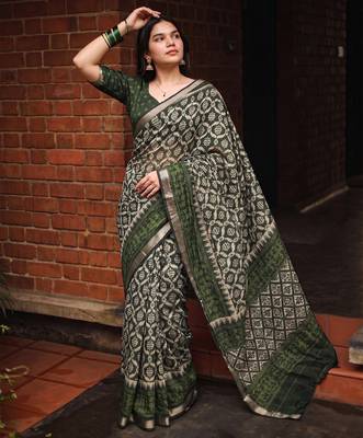 Women polyester viscose chanderi ikkat printed saree with zari border 5