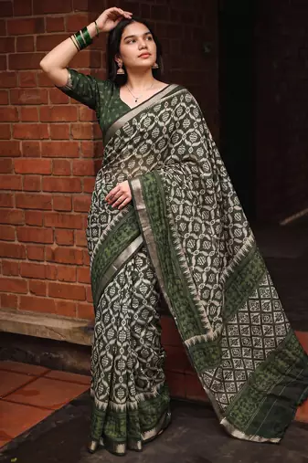 Women polyester viscose chanderi ikkat printed saree with zari border
