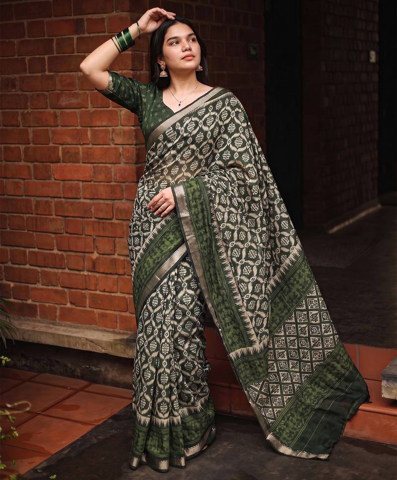 Women polyester viscose chanderi ikkat printed saree with zari border