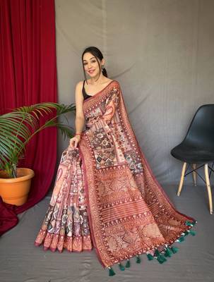 orange color kashmiri digital print with contrast kashmiri and floral conceptual printed border cotton blend sarees 1