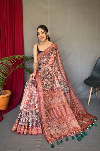 orange color kashmiri digital print with contrast kashmiri and floral conceptual printed border cotton blend sarees