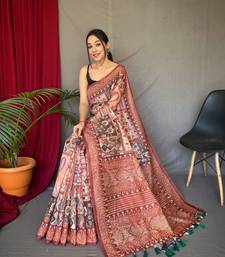 orange color kashmiri digital print with contrast kashmiri and floral conceptual printed border cotton blend sarees