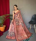 orange color kashmiri digital print with contrast kashmiri and floral conceptual printed border cotton blend sarees
