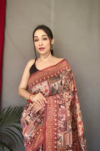 orange color kashmiri digital print with contrast kashmiri and floral conceptual printed border cotton blend sarees