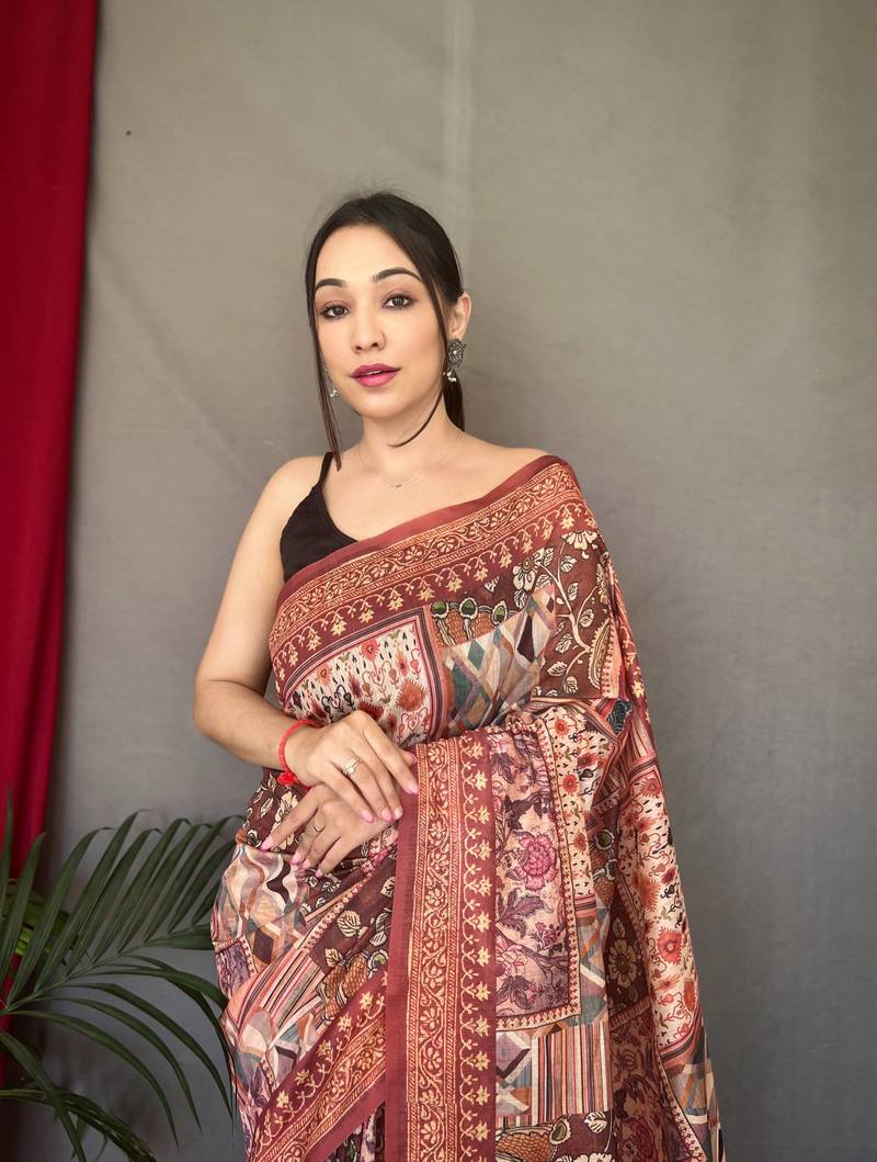 orange color kashmiri digital print with contrast kashmiri and floral conceptual printed border cotton blend sarees