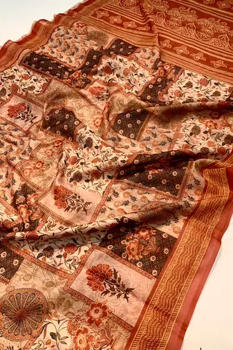 orange color kashmiri digital print with contrast kashmiri and floral conceptual printed border cotton blend sarees