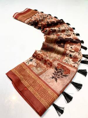 orange color kashmiri digital print with contrast kashmiri and floral conceptual printed border cotton blend sarees 4