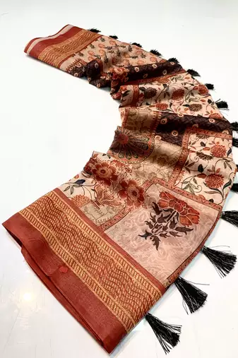 orange color kashmiri digital print with contrast kashmiri and floral conceptual printed border cotton blend sarees