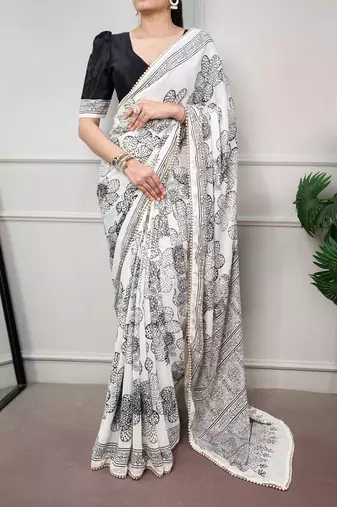 printed satin saree with elegant pearl lace border