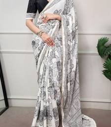 printed satin saree with elegant pearl lace border