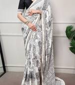 printed satin saree with elegant pearl lace border