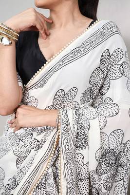 printed satin saree with elegant pearl lace border 2