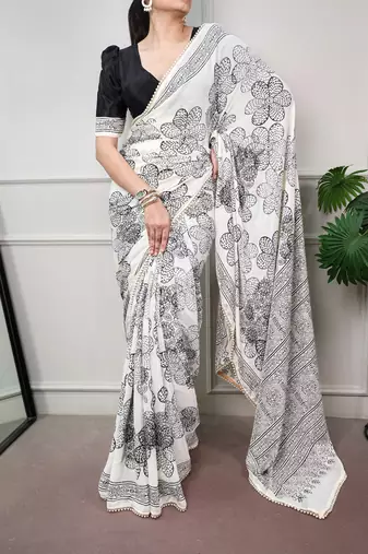 printed satin saree with elegant pearl lace border