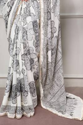 printed satin saree with elegant pearl lace border 5