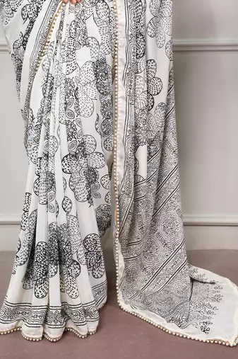 printed satin saree with elegant pearl lace border