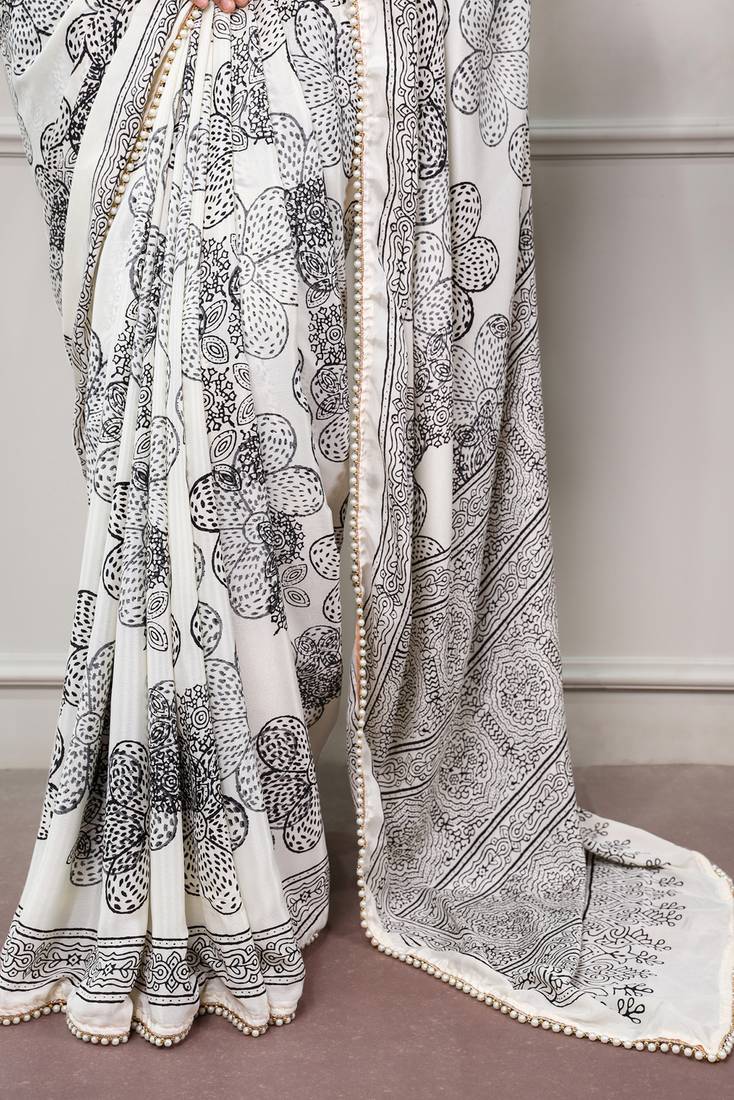 printed satin saree with elegant pearl lace border