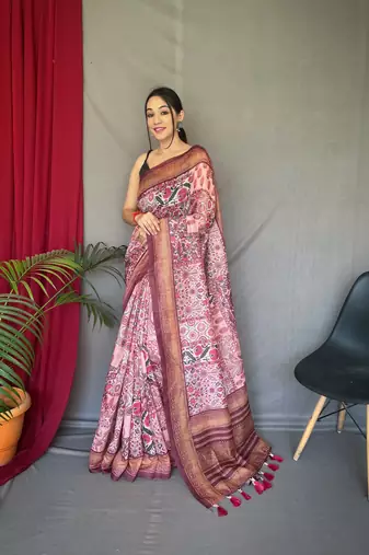 plum color kashmiri digital print with contrast kashmiri and floral conceptual printed border cotton blend sarees