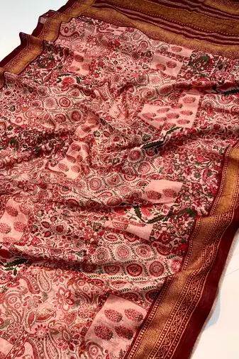 plum color kashmiri digital print with contrast kashmiri and floral conceptual printed border cotton blend sarees