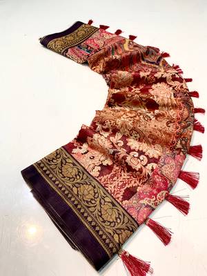 plum color kashmiri digital print with contrast kashmiri and floral conceptual printed border cotton blend sarees 3