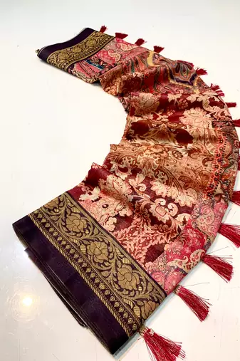 plum color kashmiri digital print with contrast kashmiri and floral conceptual printed border cotton blend sarees