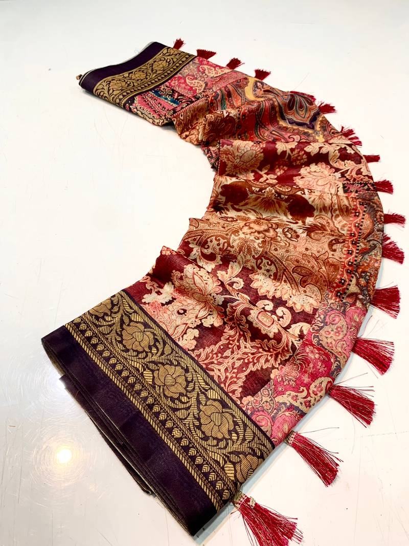 plum color kashmiri digital print with contrast kashmiri and floral conceptual printed border cotton blend sarees
