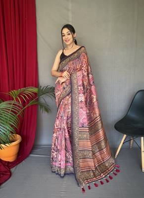 wine color kashmiri digital print with contrast kashmiri and floral conceptual printed border cotton blend sarees 1