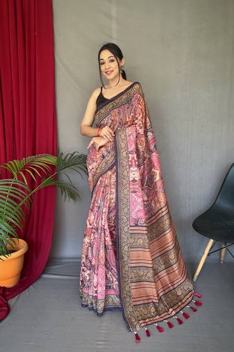 wine color kashmiri digital print with contrast kashmiri and floral conceptual printed border cotton blend sarees