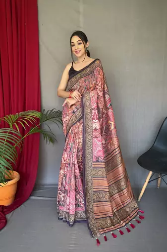 wine color kashmiri digital print with contrast kashmiri and floral conceptual printed border cotton blend sarees
