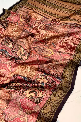 wine color kashmiri digital print with contrast kashmiri and floral conceptual printed border cotton blend sarees