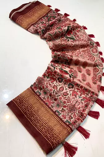 wine color kashmiri digital print with contrast kashmiri and floral conceptual printed border cotton blend sarees