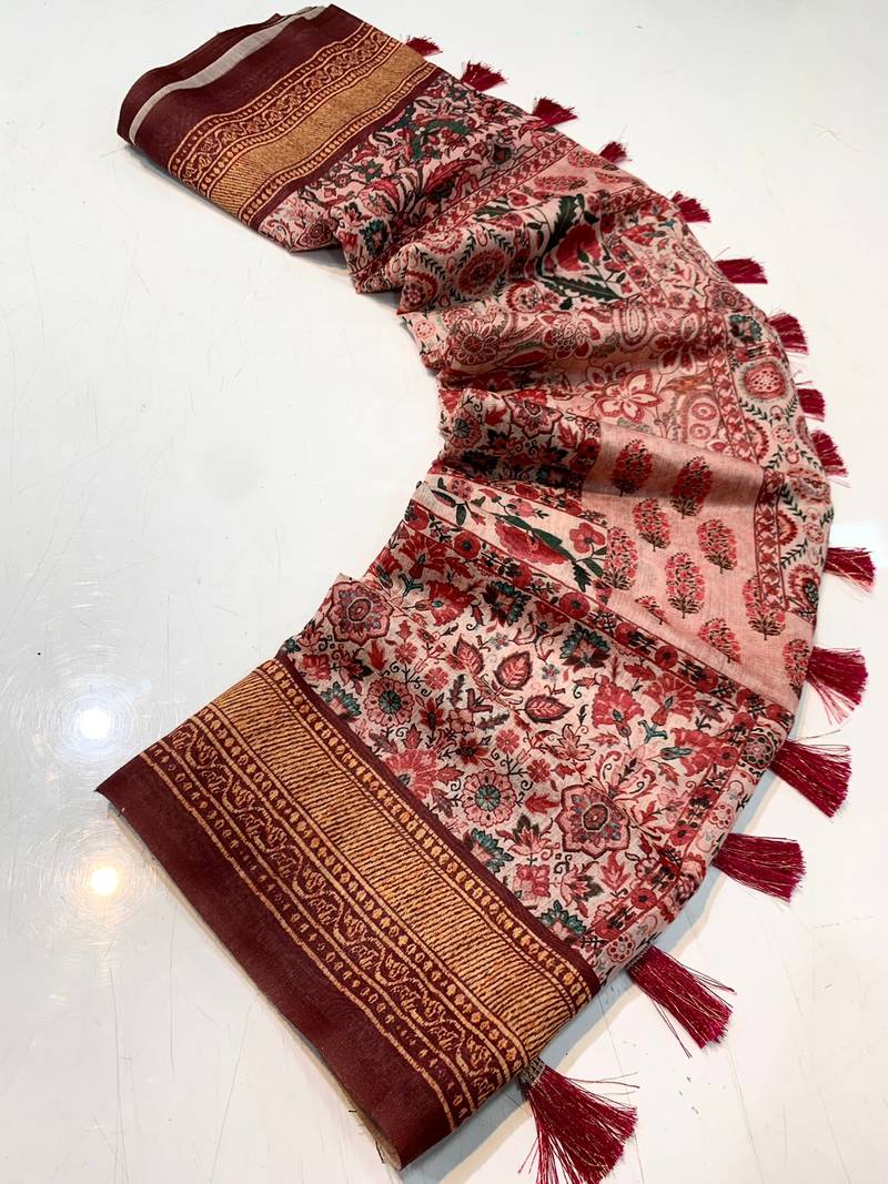 wine color kashmiri digital print with contrast kashmiri and floral conceptual printed border cotton blend sarees