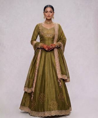 Olive Green Embroidered Dupion Silk Lehenga Set 1