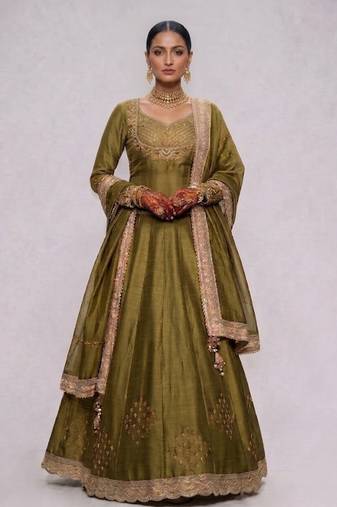 Olive Green Embroidered Dupion Silk Lehenga Set