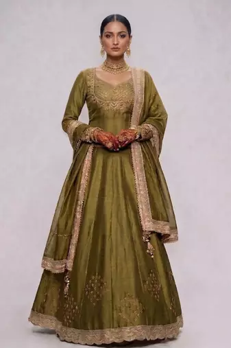 Olive Green Embroidered Dupion Silk Lehenga Set