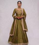 Olive Green Embroidered Dupion Silk Lehenga Set
