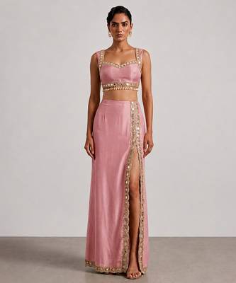 Blush pink embroidered dupion silk co ord set 1