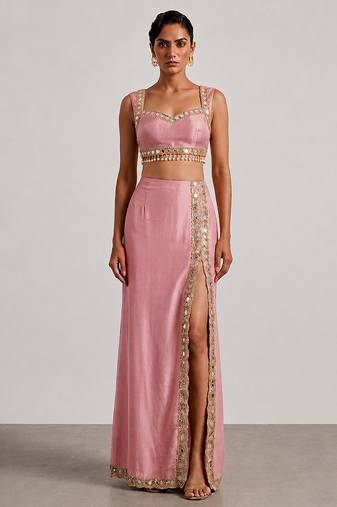 Blush pink embroidered dupion silk co ord set