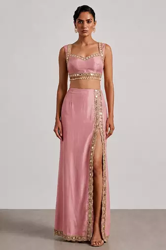Blush pink embroidered dupion silk co ord set