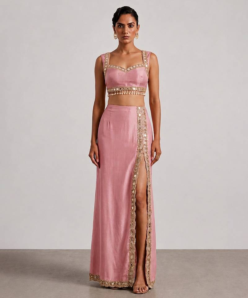 Blush pink embroidered dupion silk co ord set