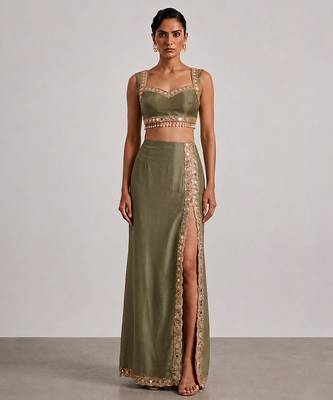 Sage green embroidered dupion silk co ord set 1