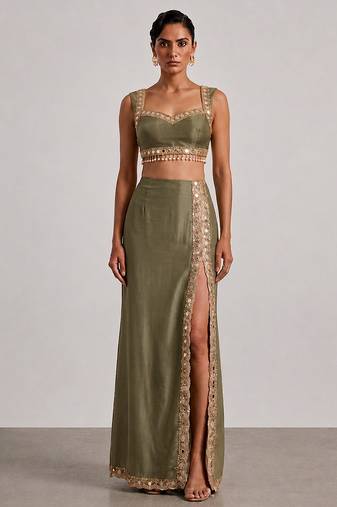 Sage green embroidered dupion silk co ord set