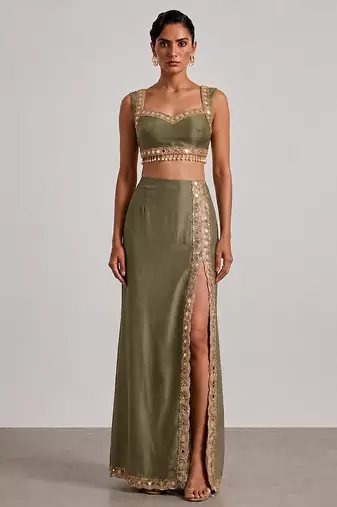 Sage green embroidered dupion silk co ord set