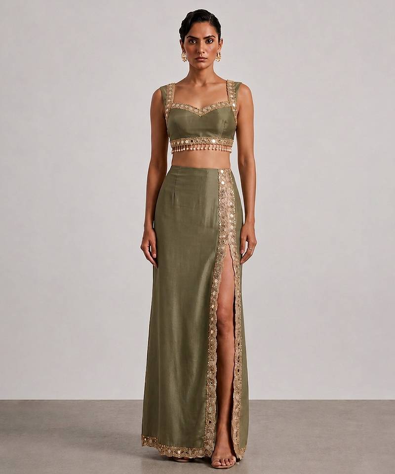 Sage green embroidered dupion silk co ord set