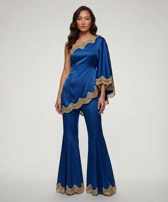 Royal blue embroidered satin co ord set 1