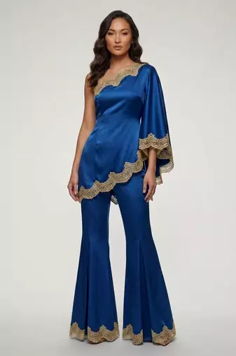 Royal blue embroidered satin co ord set